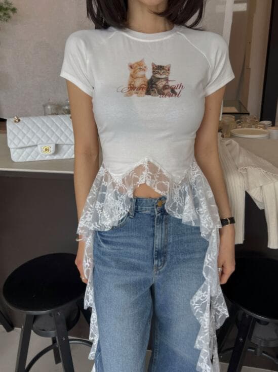 白Tシャツ レディース 白 半袖 猫プリント レース裾ブラウス