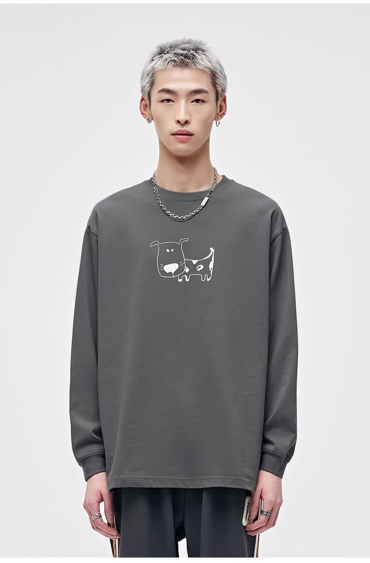白Tシャツ メンズ わんこイラスト長袖ゆるシルエット