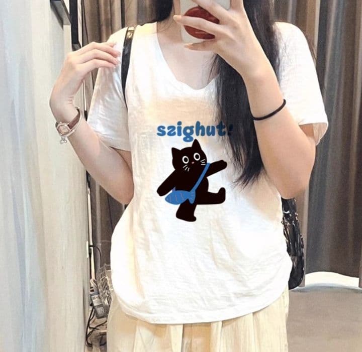 白Tシャツ レディース 遊び猫プリント半袖Vネックトップス