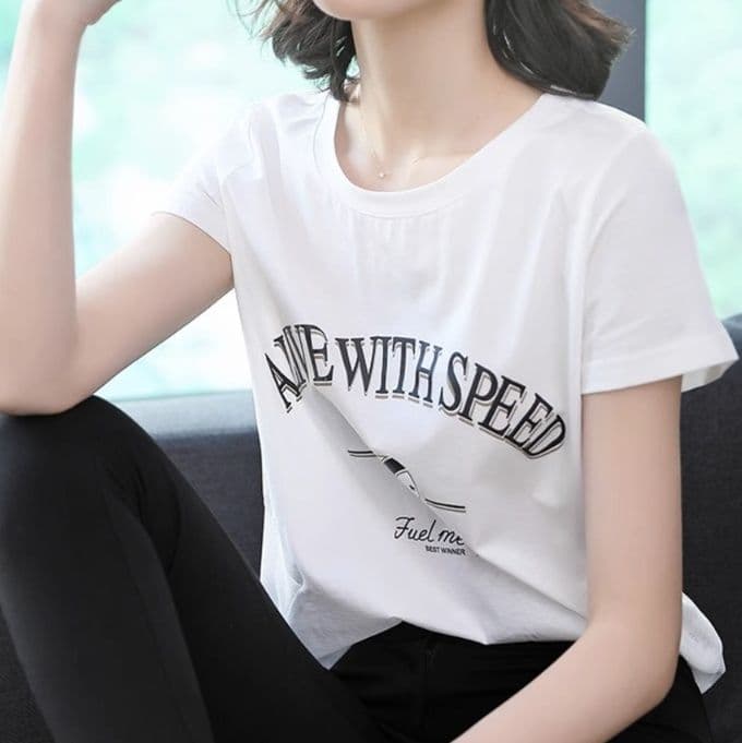 白Tシャツ レディース 洗練メッセージロゴプリント半袖