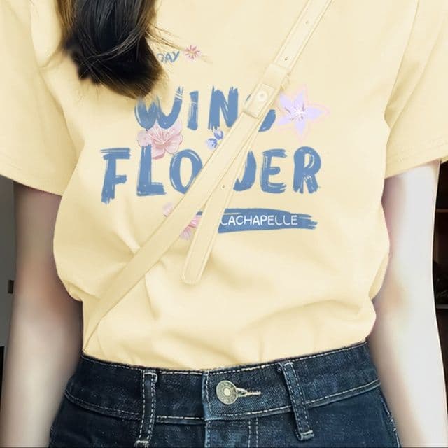 白Tシャツ レディース 花柄プリント半袖リラックスシルエット