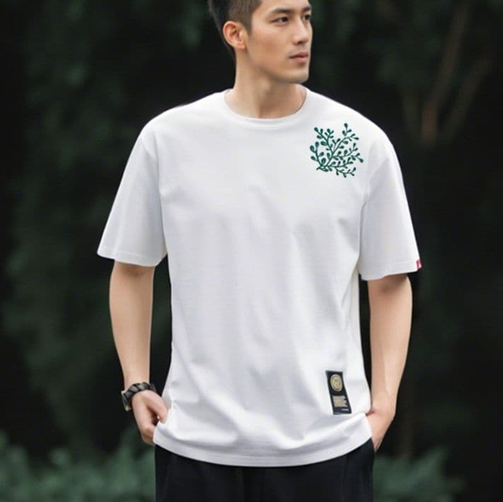 白Tシャツ メンズ 葉模様刺繍入り天然綿半袖