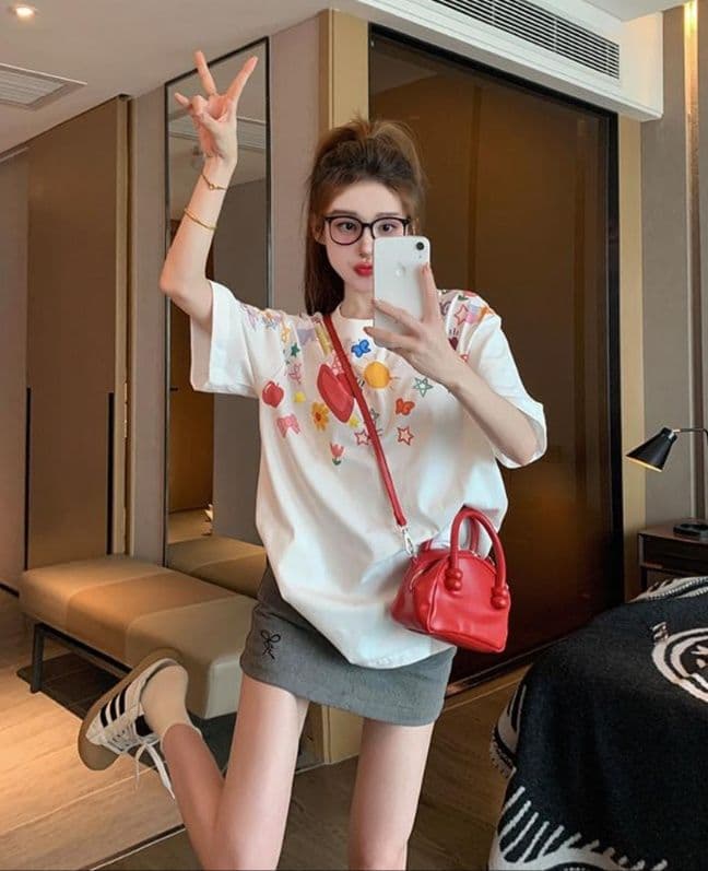 白Tシャツ レディース フルーツモチーフプリントゆったりシャツ