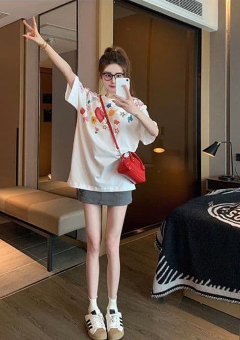 白Tシャツ レディース フルーツモチーフプリントゆったりシャツ