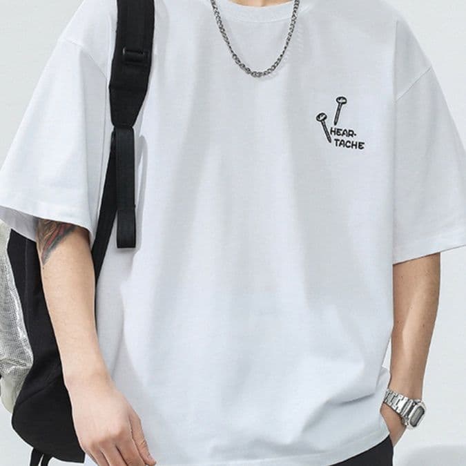 白Tシャツ メンズ 釘デザイン刺繍ゆったり半袖
