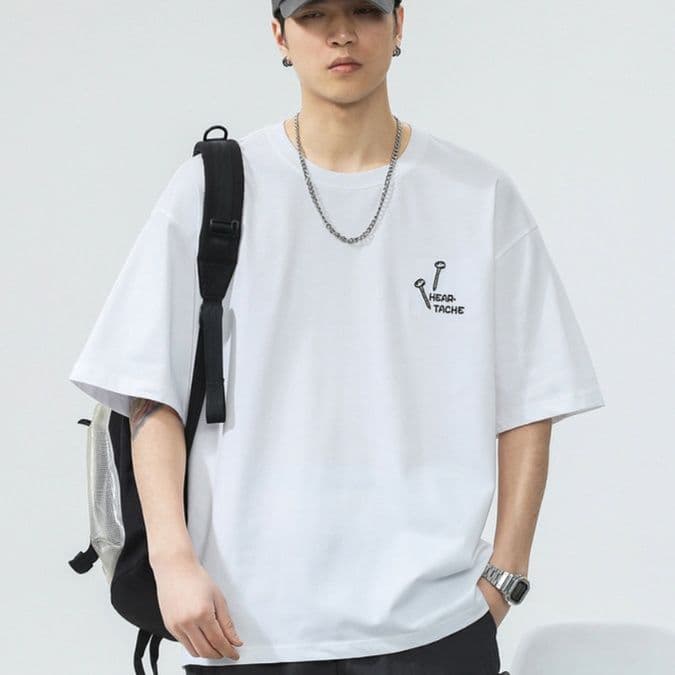 白Tシャツ メンズ 釘デザイン刺繍ゆったり半袖