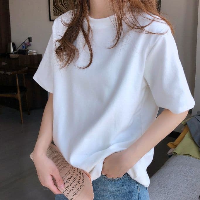 白Tシャツ シンプル綿素材ゆったりクルーネック半袖トップス