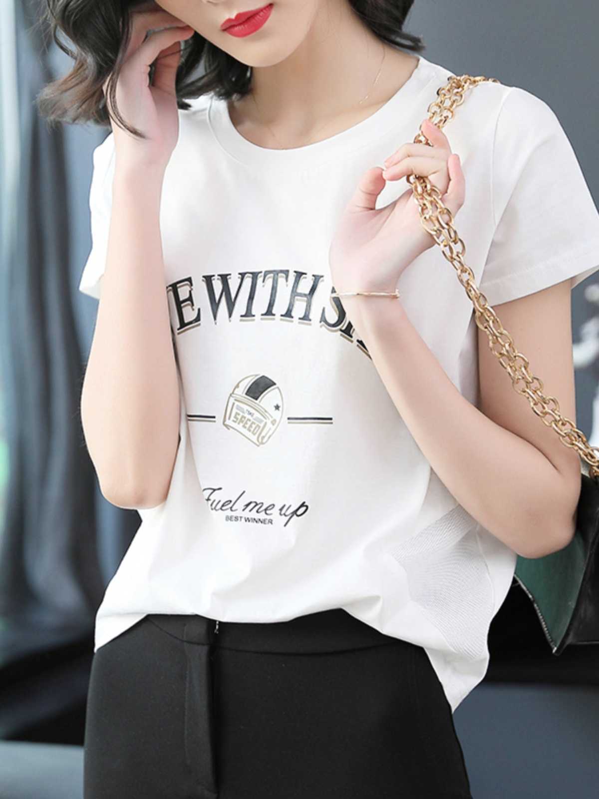 白Tシャツ レディース 洗練メッセージロゴプリント半袖