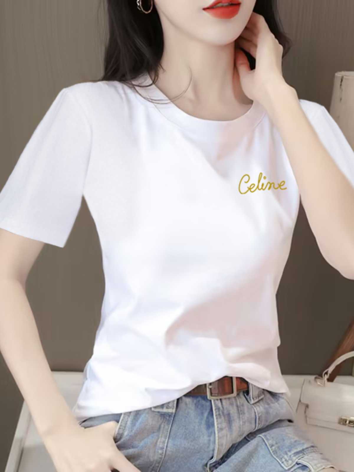 白Tシャツ レディース 優雅な刺繍入り半袖カットソー