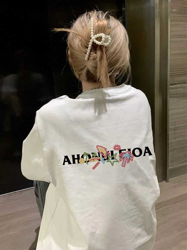 白Tシャツ レディース 南国花模様プリント半袖シャツ