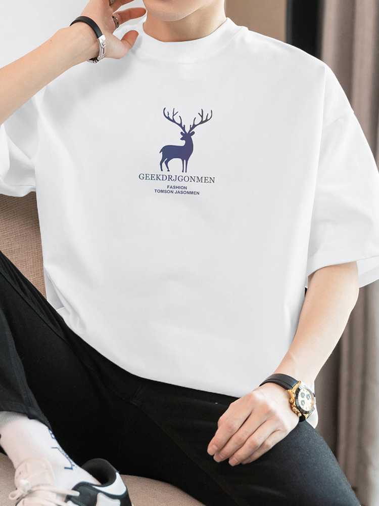 白Tシャツ メンズ 森の王者 鹿シルエット半袖
