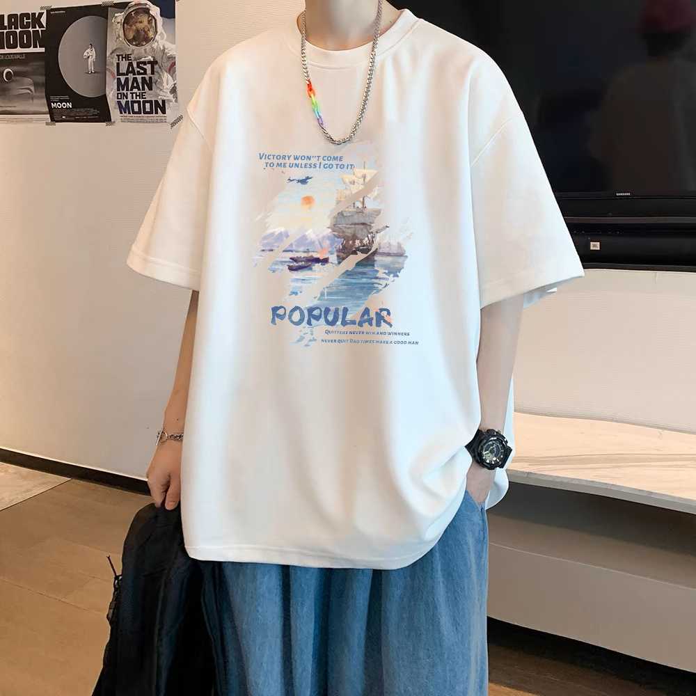 白Tシャツ 山脈イラスト入りシンプル半袖