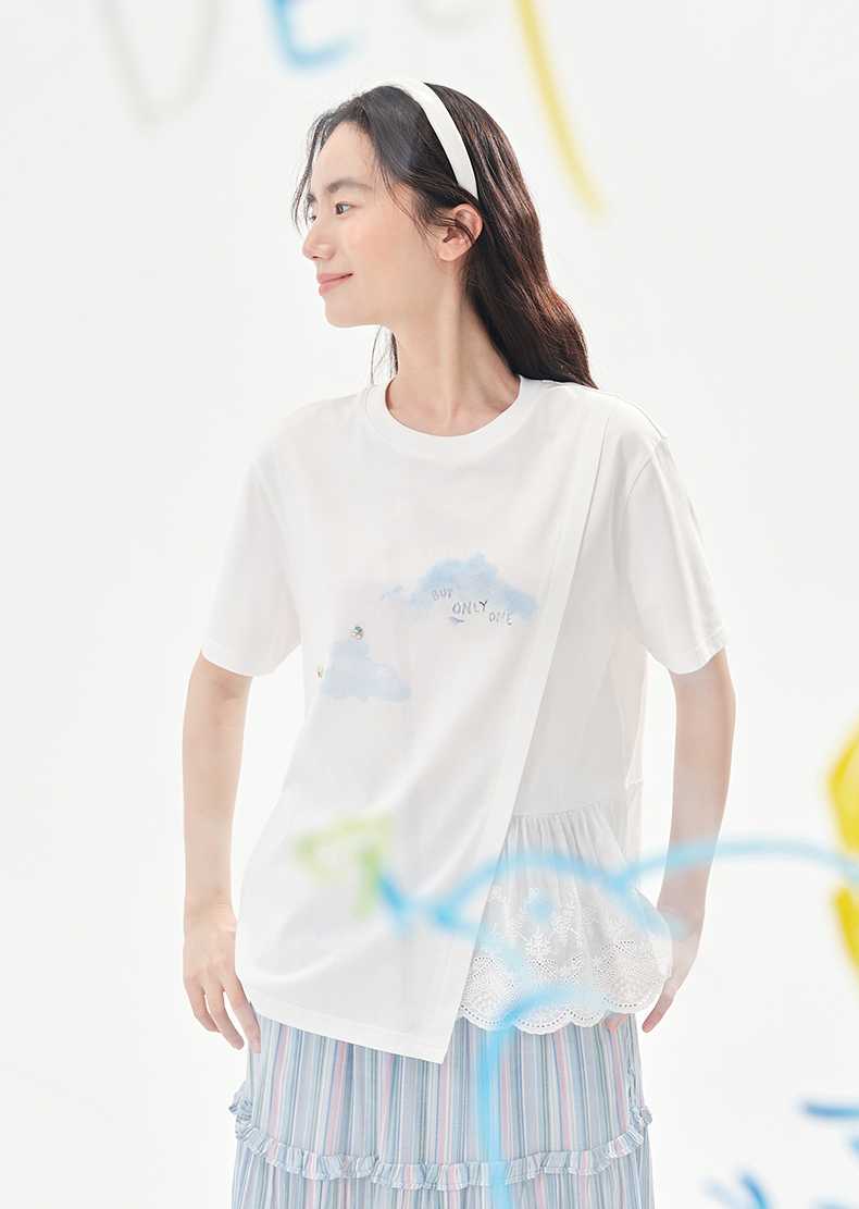 白Tシャツ レース裾切替え雲柄デザインシャツ