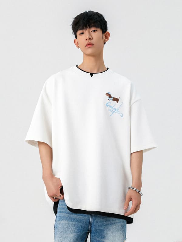 白Tシャツ メンズ わんこ刺繍入りゆったり半袖カットソー