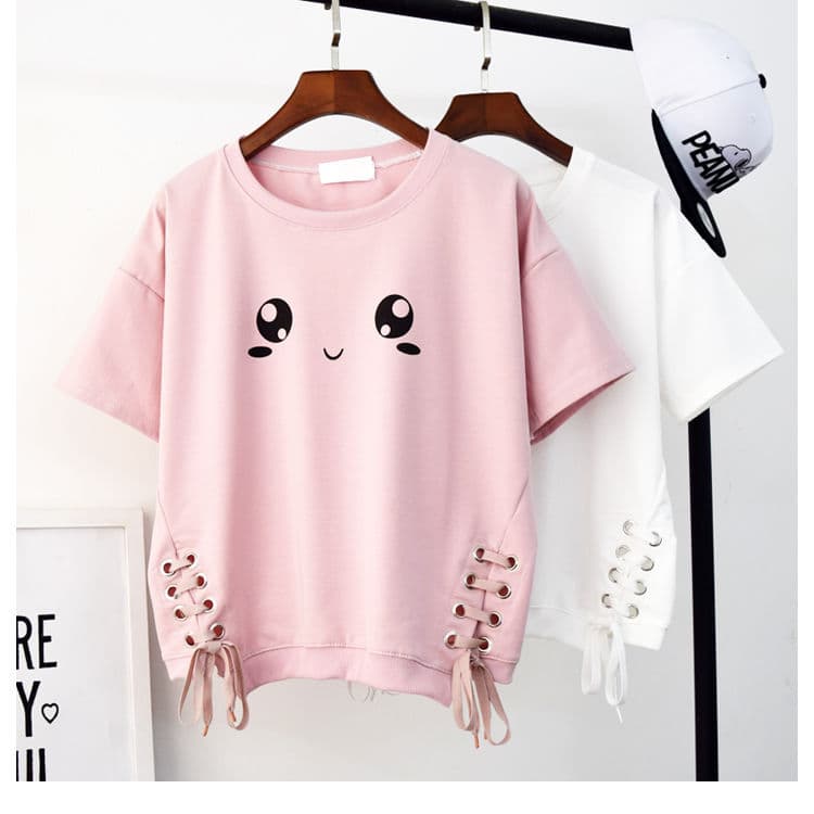 白Tシャツ 可愛い顔プリントレディース白半袖サイド編み込み