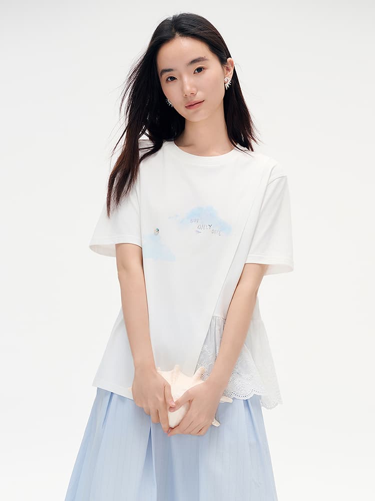 白Tシャツ レース裾切替え雲柄デザインシャツ