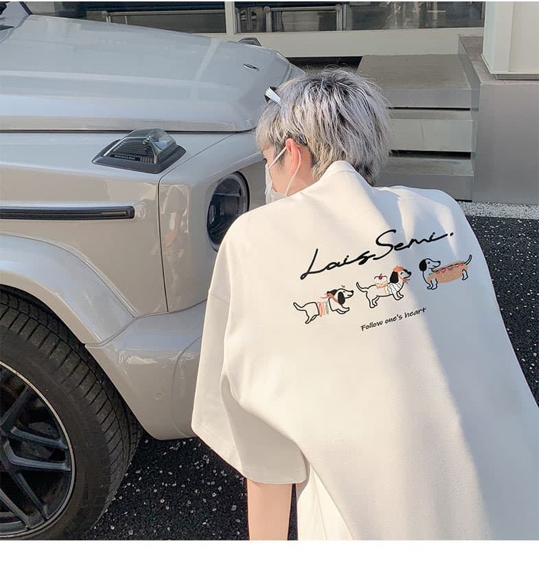 白Tシャツ メンズ 心のお供 いぬ仲間イラスト入り半袖