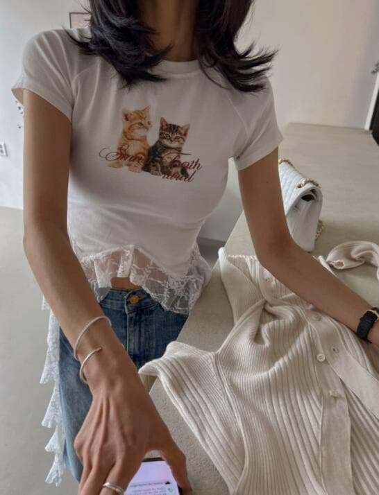 白Tシャツ レディース 白 半袖 猫プリント レース裾ブラウス