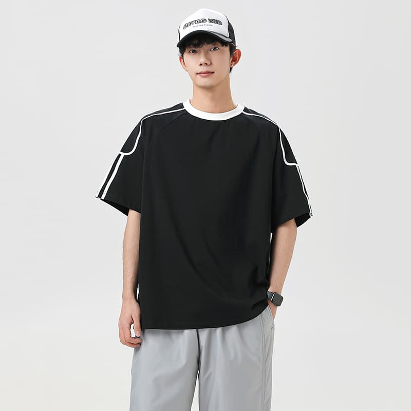 白Tシャツ メンズ 袖ラインスポーティストリート半袖Tシャツ