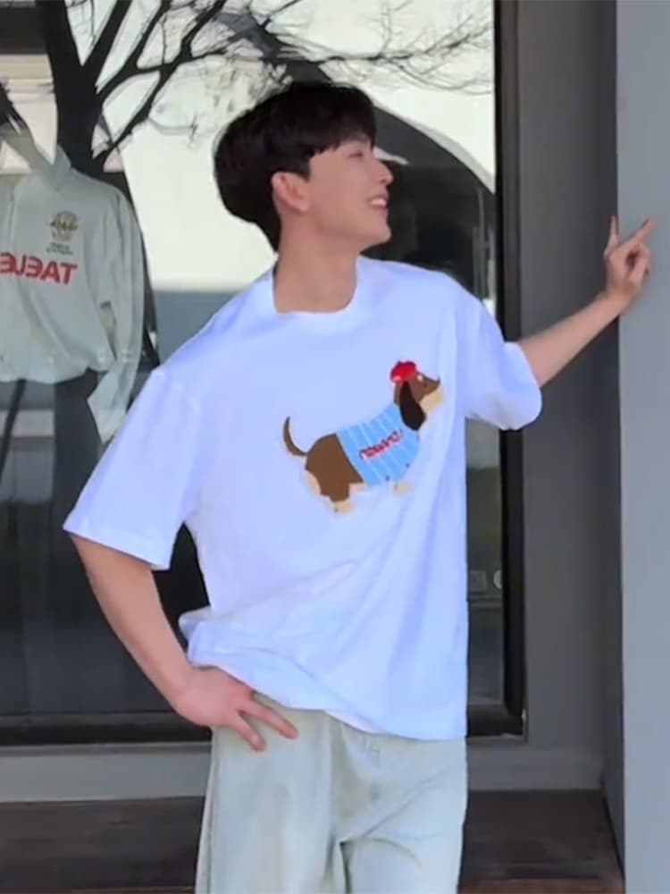 白Tシャツ メンズ おしゃれダックスフンド プリント半袖