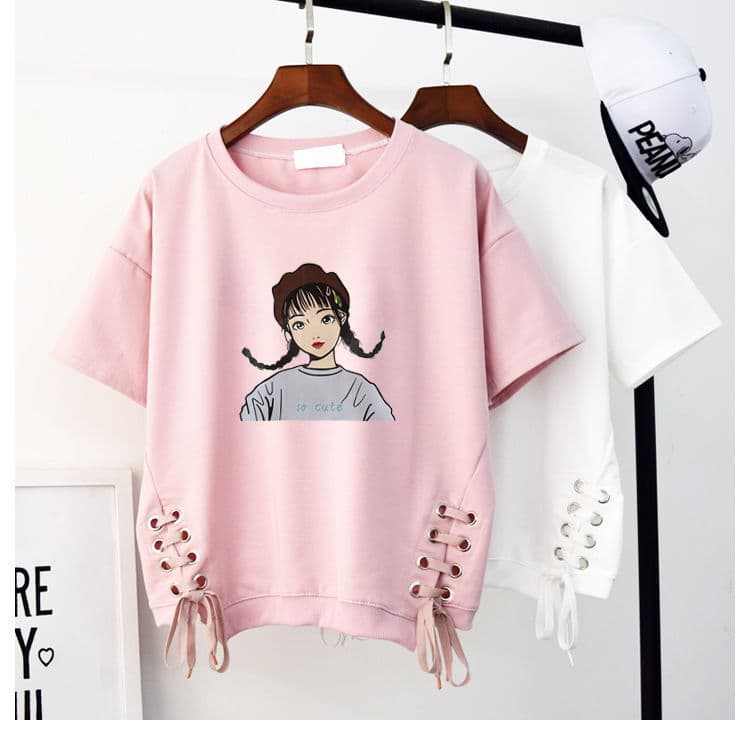 白Tシャツ 可愛い顔プリントレディース白半袖サイド編み込み