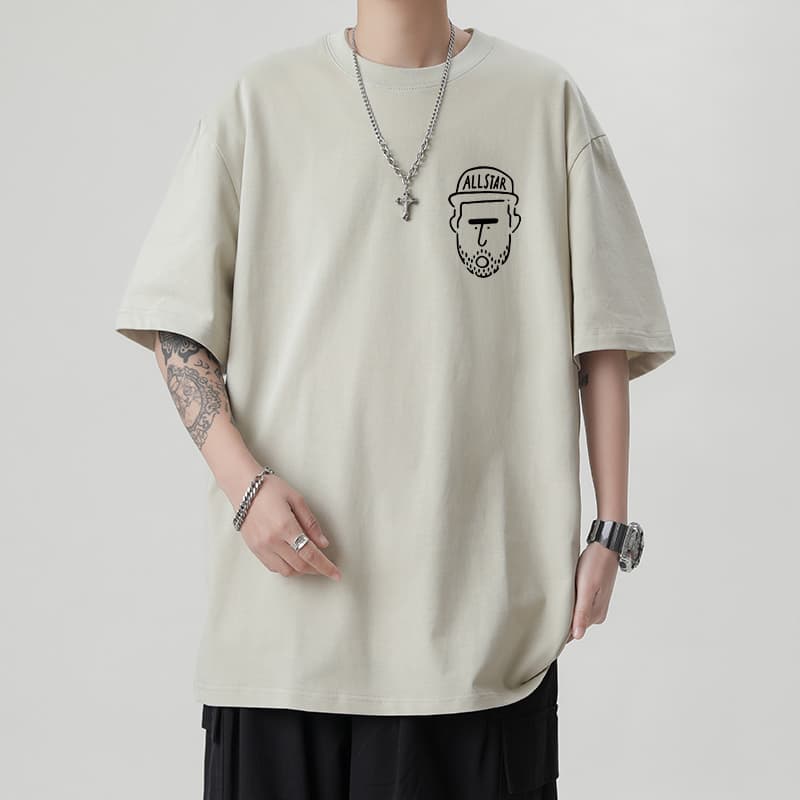 白Tシャツ メンズ イラスト顔プリント五分袖ゆったり半袖