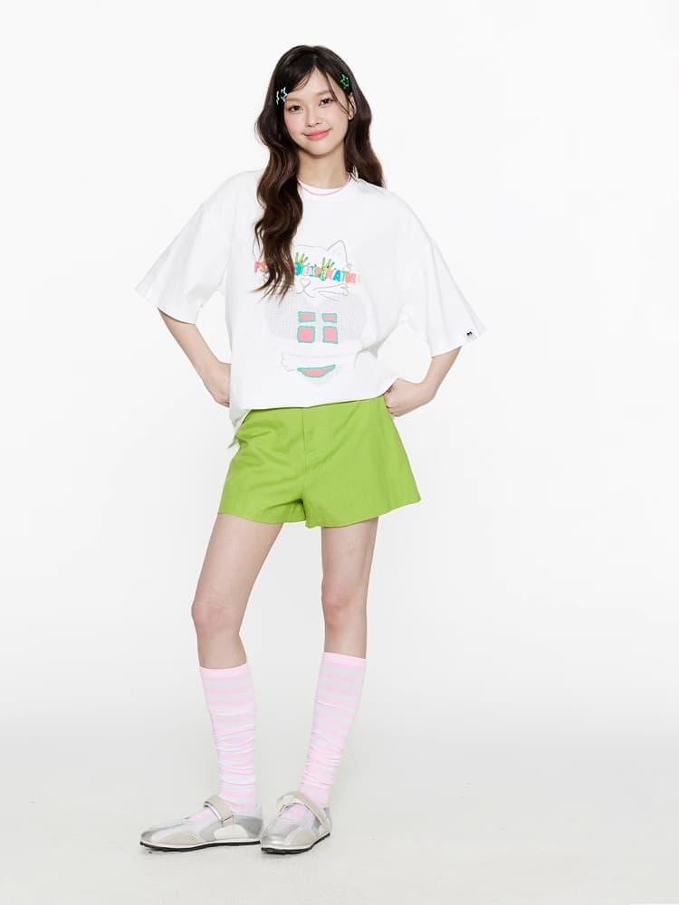 白Tシャツ レディース ゆるキャラ風イラスト半袖カットソー