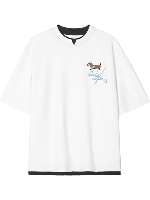白Tシャツ メンズ わんこ刺繍入りゆったり半袖カットソー