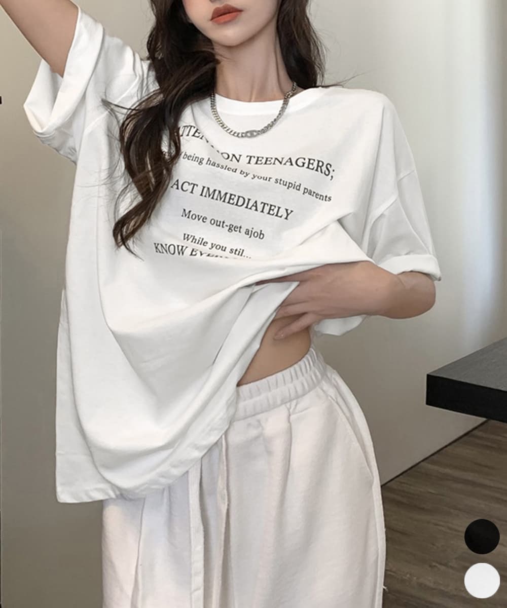 文字プリント半袖ゆったり韓国風白Tシャツ レディース