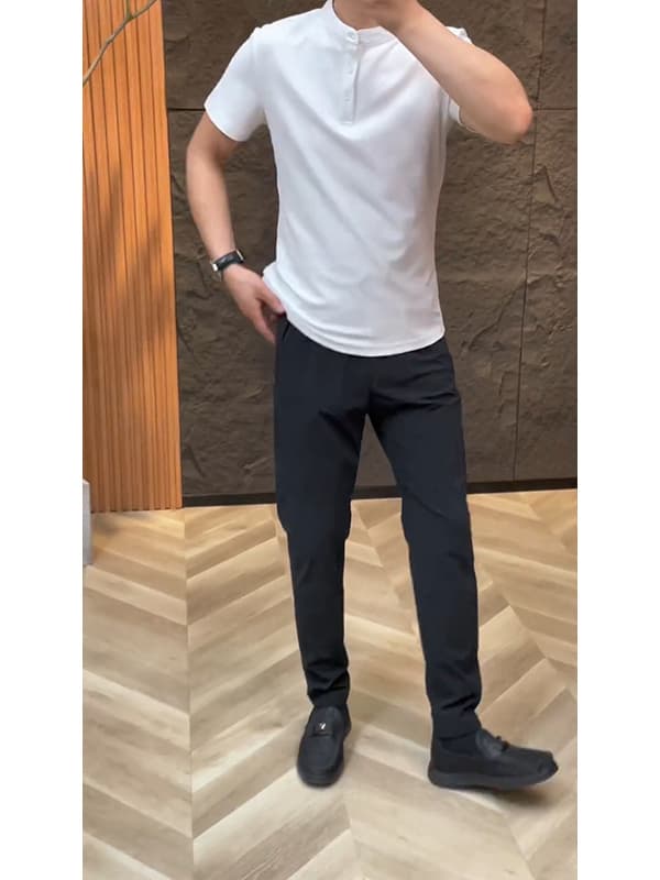 白Tシャツ メンズ すっきり立ち襟 半袖プルオーバー