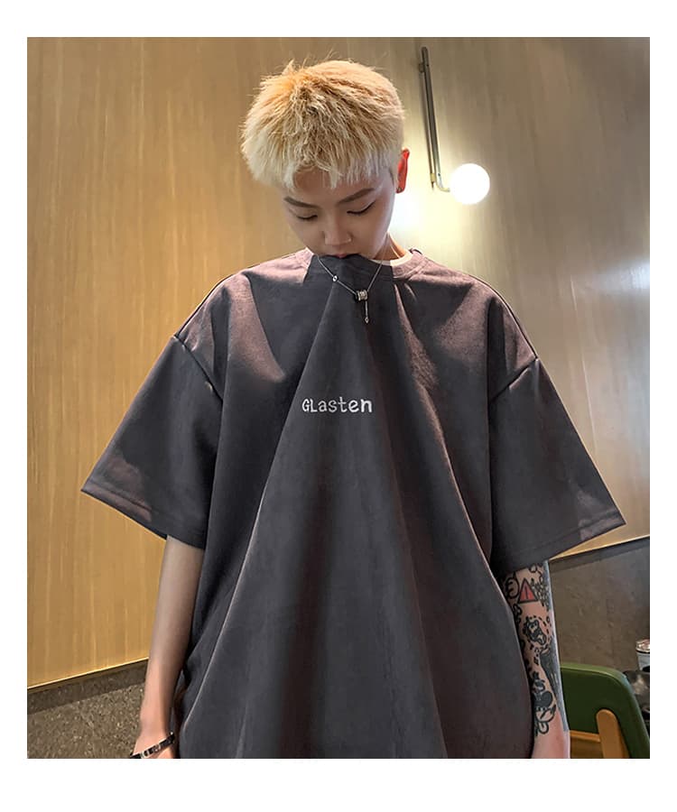 白Tシャツ メンズ シンプル刺繍入り五分袖カットソー