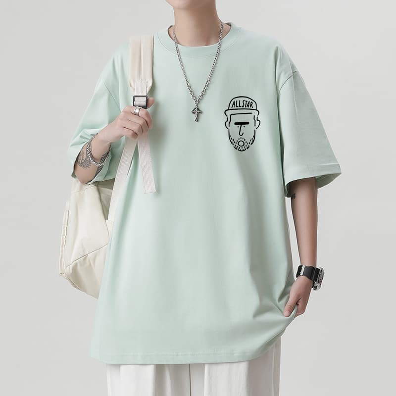 白Tシャツ メンズ イラスト顔プリント五分袖ゆったり半袖