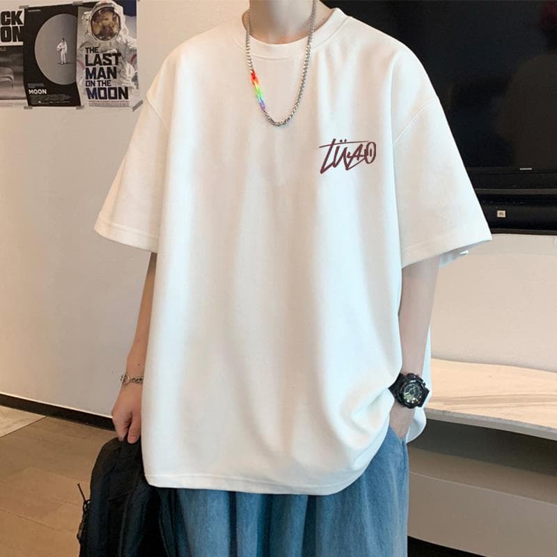 白Tシャツ メンズ シンプル筆記体ロゴ入りカジュアル半袖