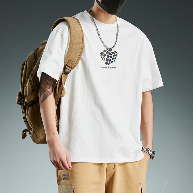 白Tシャツ メンズ 立体パズル図柄 クルーネック半袖