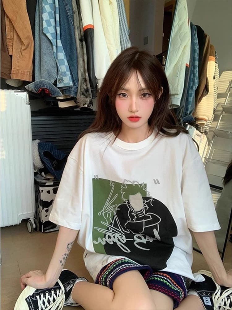 白Tシャツ レディース イラストアートオーバーサイズ半袖