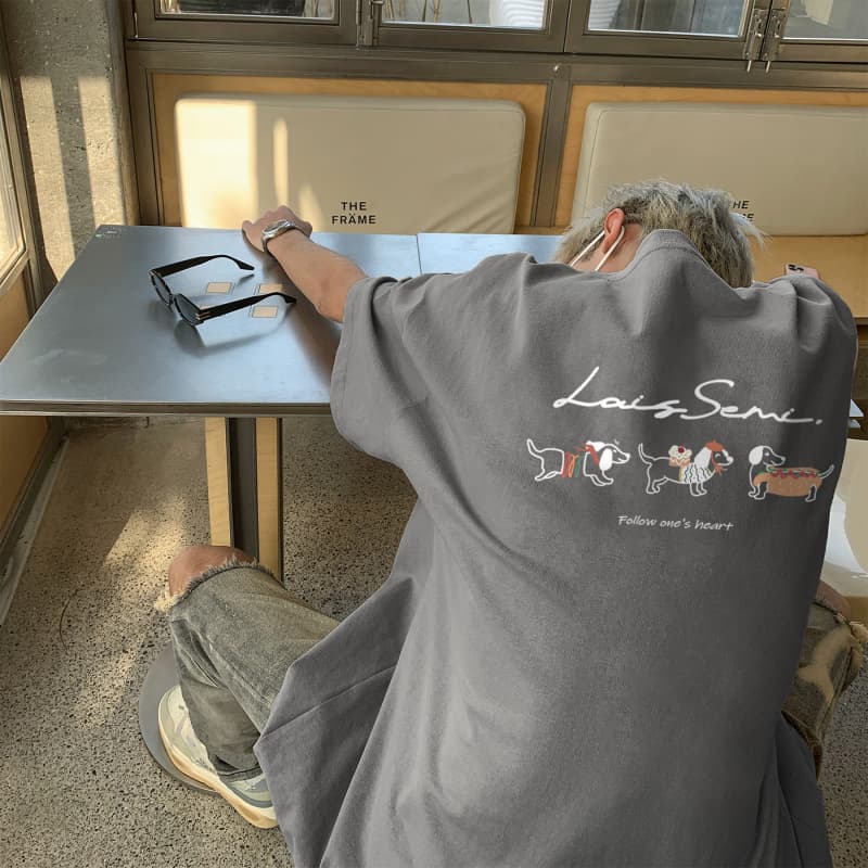 白Tシャツ メンズ 心のお供 いぬ仲間イラスト入り半袖