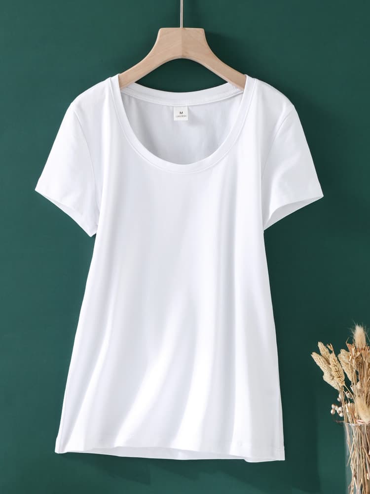 白Tシャツ なめらか素肌 ウェーブネック半袖