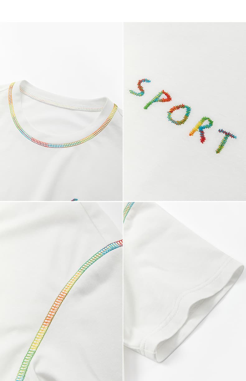 白Tシャツ 虹色ステッチ装飾クルーネック半袖
