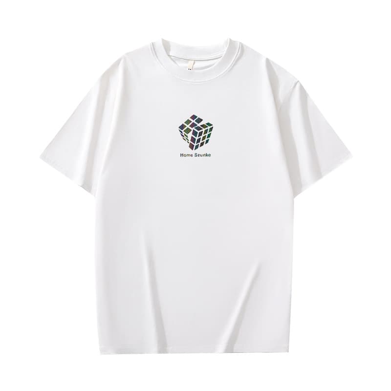白Tシャツ メンズ 立体パズル図柄 クルーネック半袖