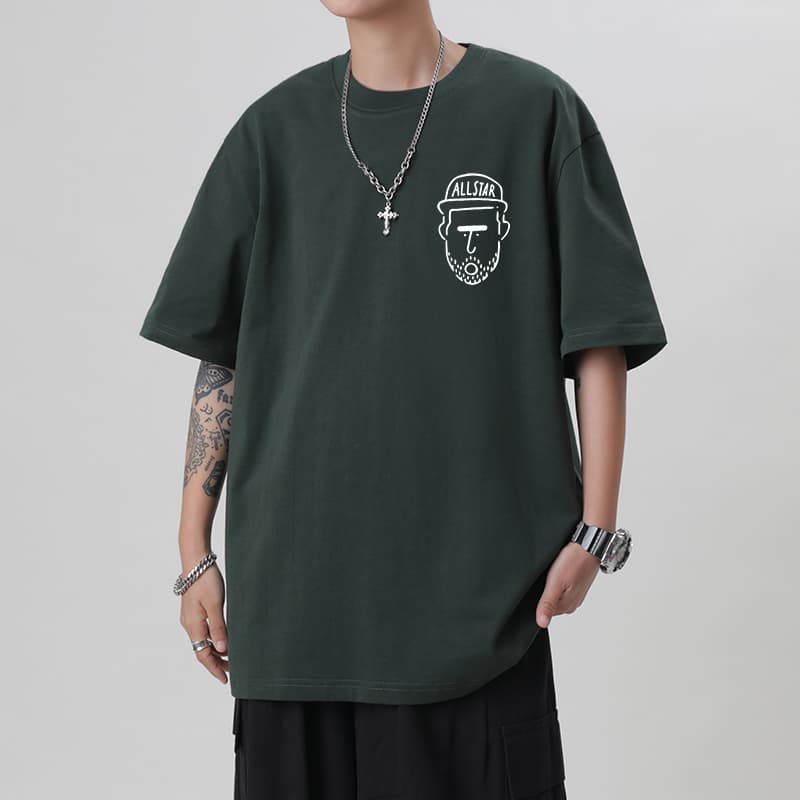 白Tシャツ メンズ イラスト顔プリント五分袖ゆったり半袖