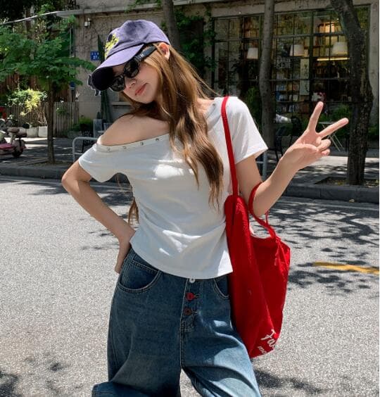 白Tシャツ 半袖オフショルダー白カットソー レディース