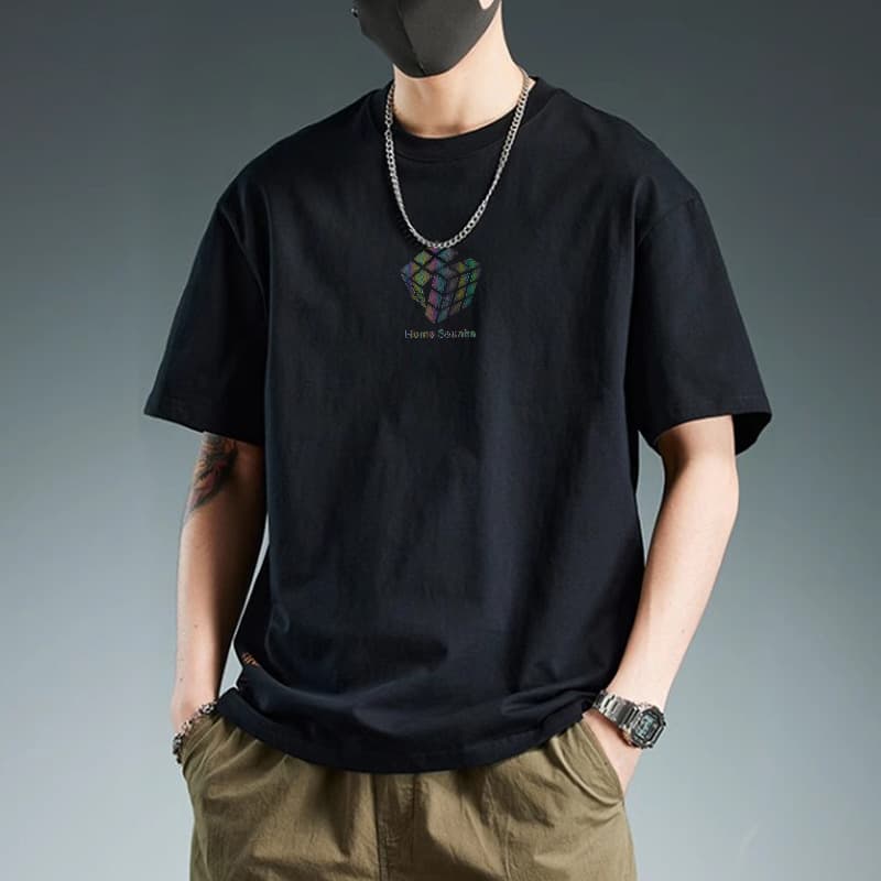 白Tシャツ メンズ 立体パズル図柄 クルーネック半袖
