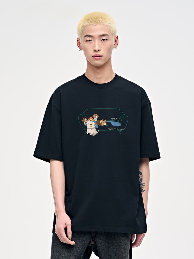 白Tシャツ メンズ くつろぐわんこイラスト半袖