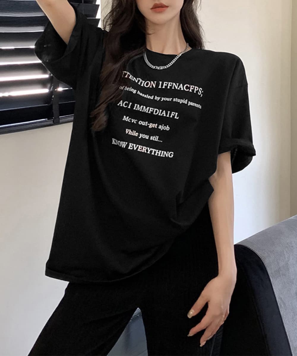 文字プリント半袖ゆったり韓国風白Tシャツ レディース