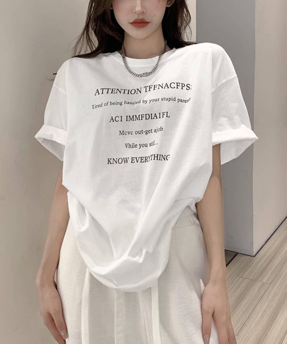 文字プリント半袖ゆったり韓国風白Tシャツ レディース
