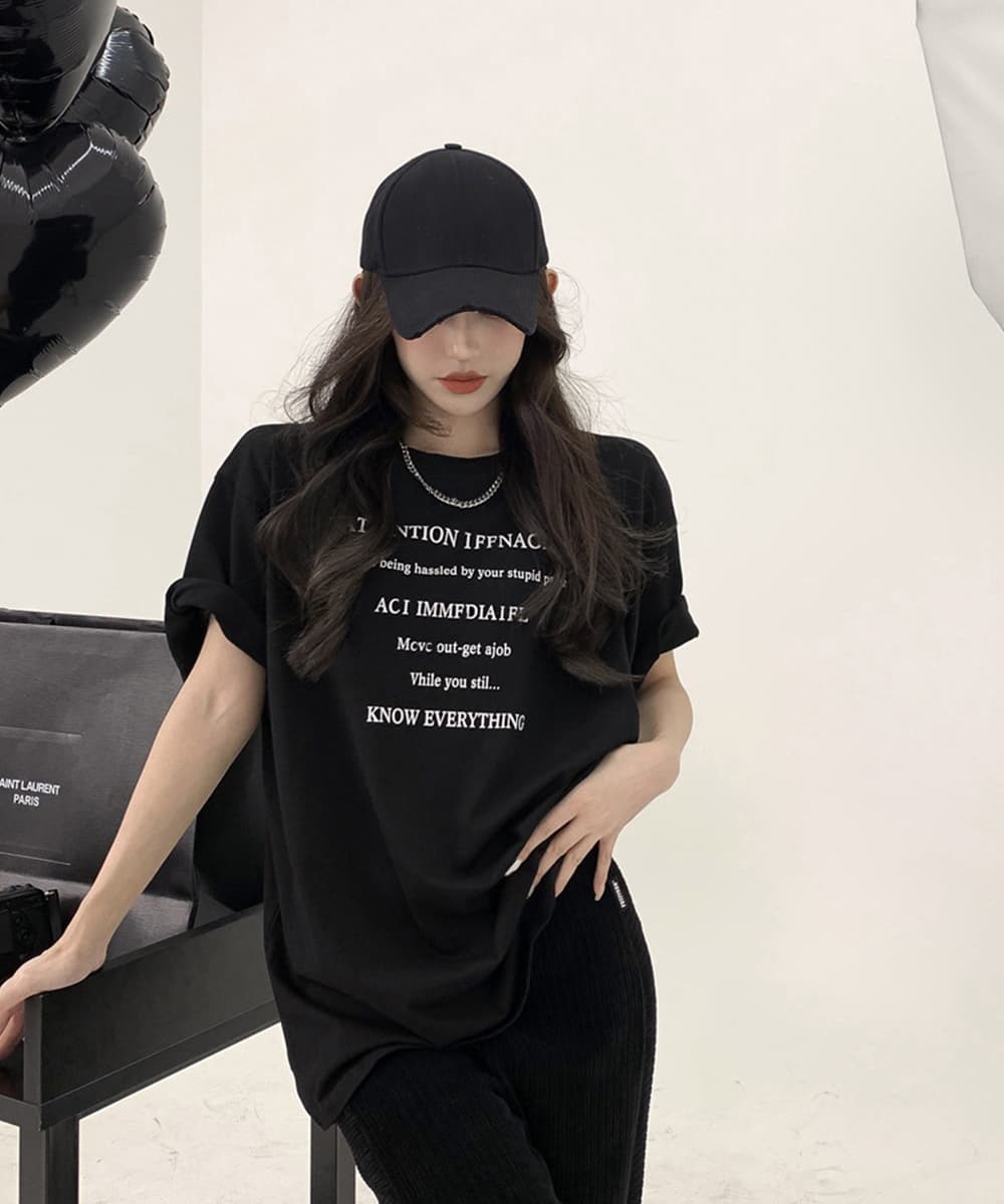 文字プリント半袖ゆったり韓国風白Tシャツ レディース