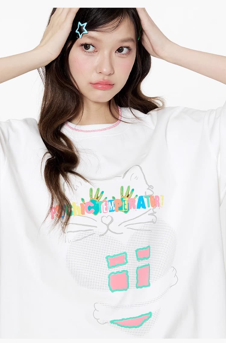白Tシャツ レディース ゆるキャラ風イラスト半袖カットソー