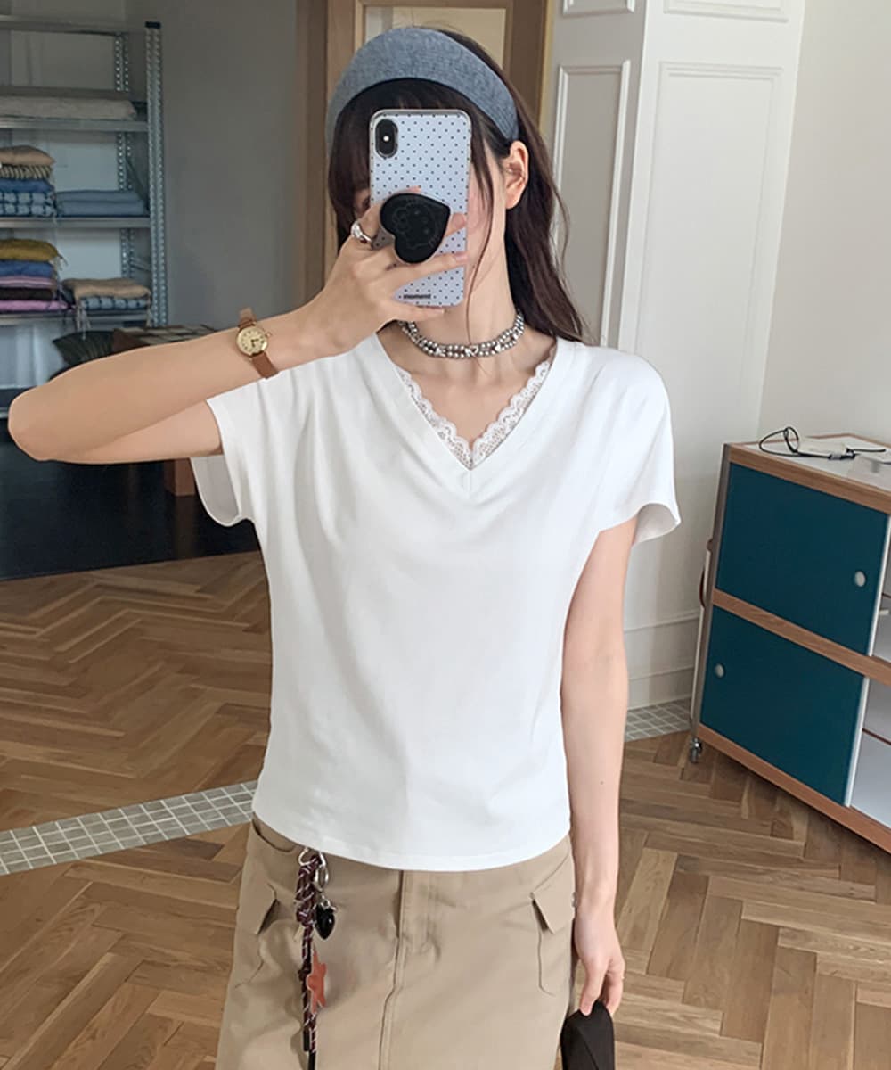 白Tシャツ レースVネック半袖Tシャツ春夏レディース