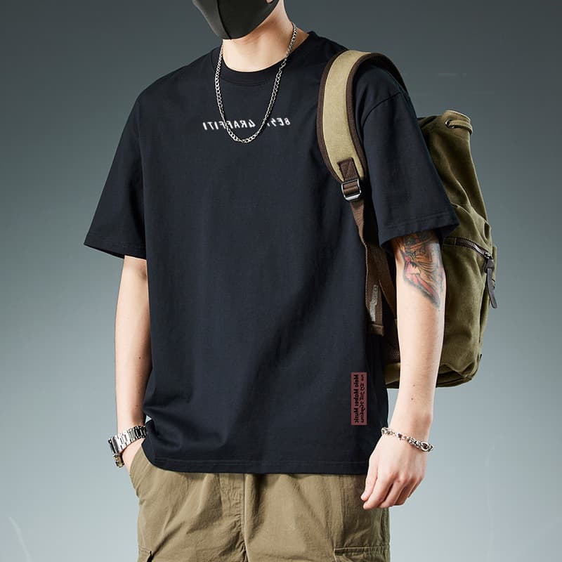白Tシャツ メンズ シンプル胸文字入りゆったり半袖