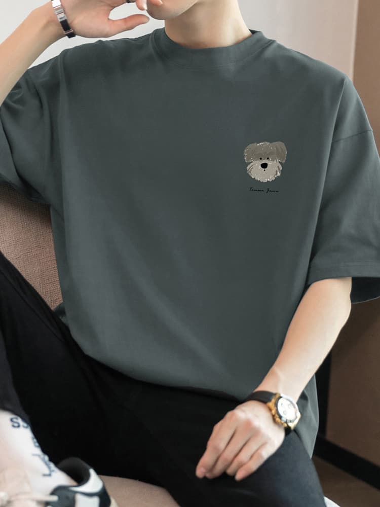 白Tシャツ メンズ 子犬刺繍入りゆったり半袖